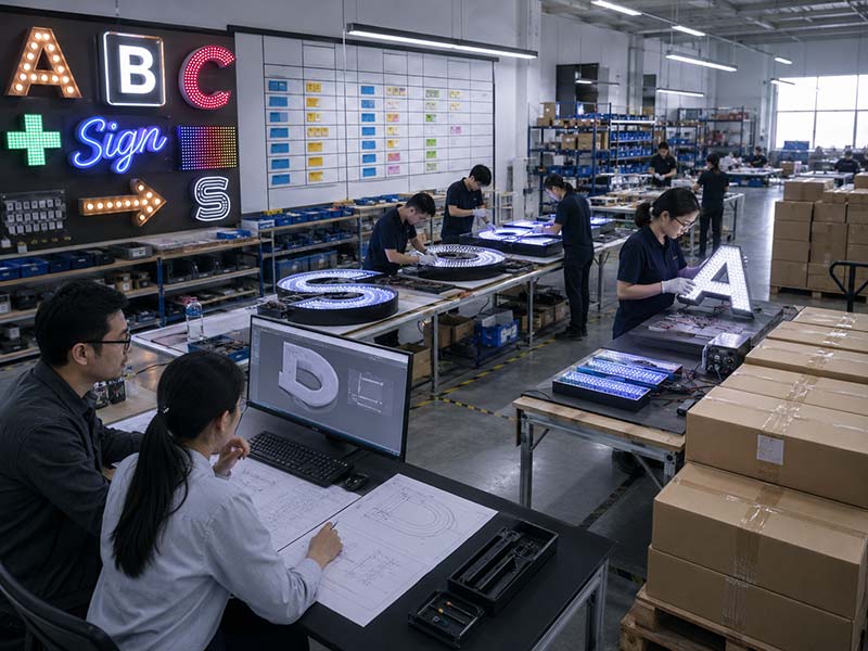Custom LED sign MOQ, sampling time, production time, and factory planning for export orders