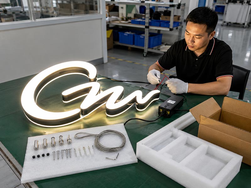 Technician testing an illuminated custom LED sign with wiring, power adapter, mounting accessories, foam protection, and export packaging materials