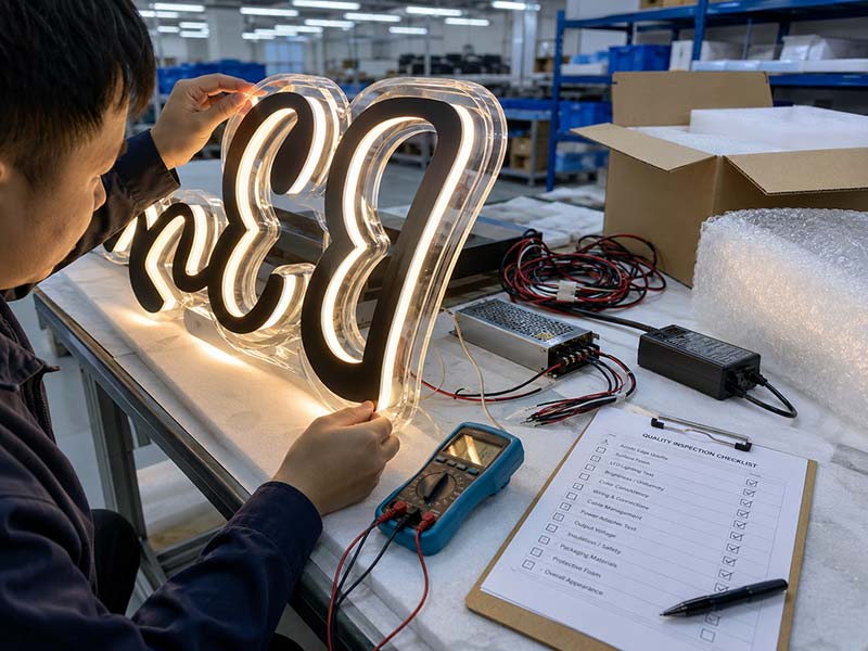LED sign quality control testing with acrylic edge inspection, LED lighting test, wiring check, power supply, and protective packing materials