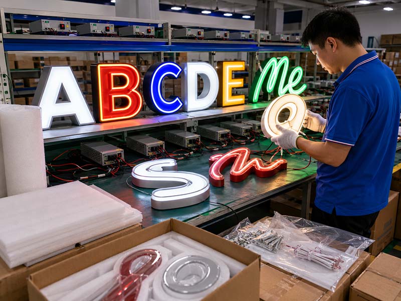 LED sign quality control testing area with illuminated letters, power supplies, accessory kits, and pre-shipment inspection