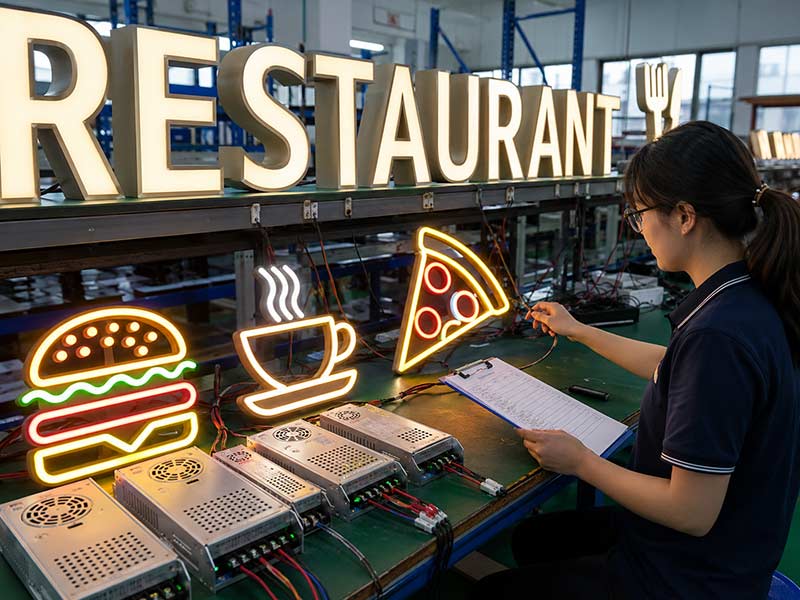 Restaurant LED sign quality testing with illuminated signs and QC inspection