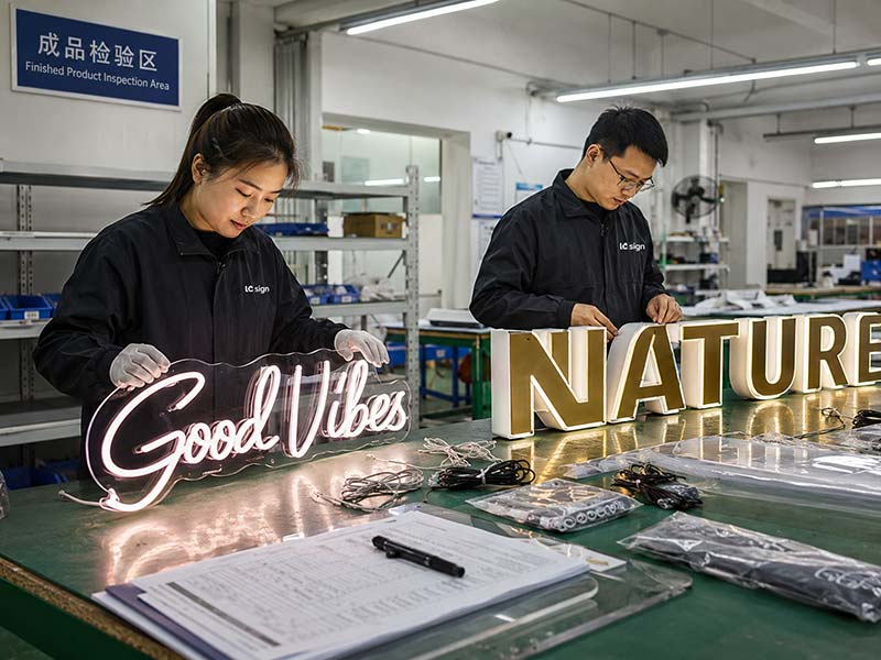 Workers inspecting custom LED neon signs and channel letters during quality control testing in a sign factory