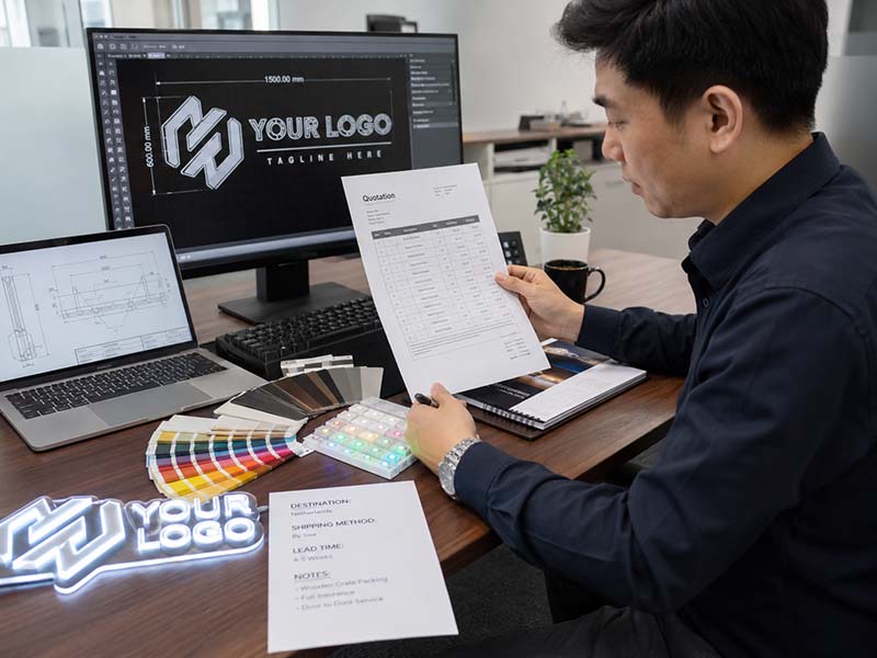 Preparing logo size quantity lighting and shipping details for a custom LED sign quote
