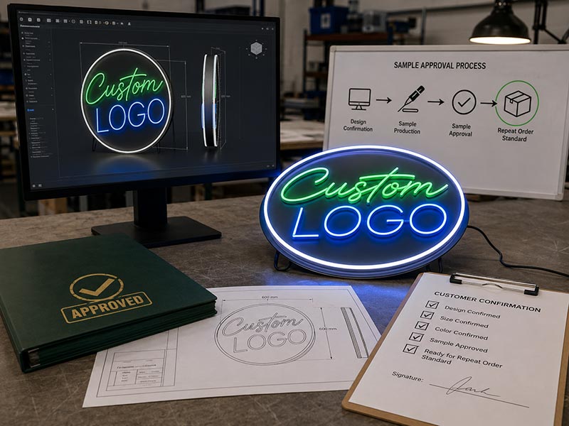LED sign sample approval process showing 3D mockup, approved version files, customer confirmation, and repeat order standard for private label projects.