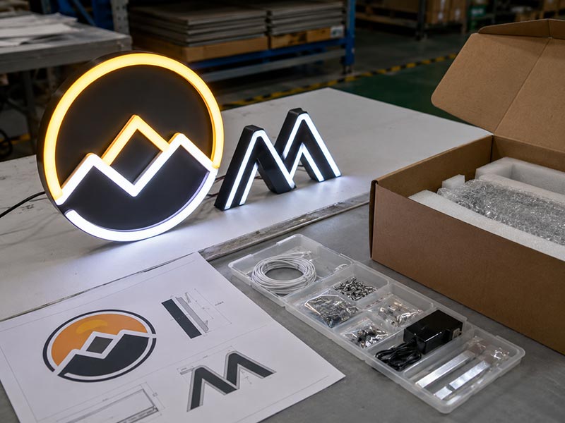 Small first order LED sign sample with drawing, accessories, packaging box, and lighting test before bulk production