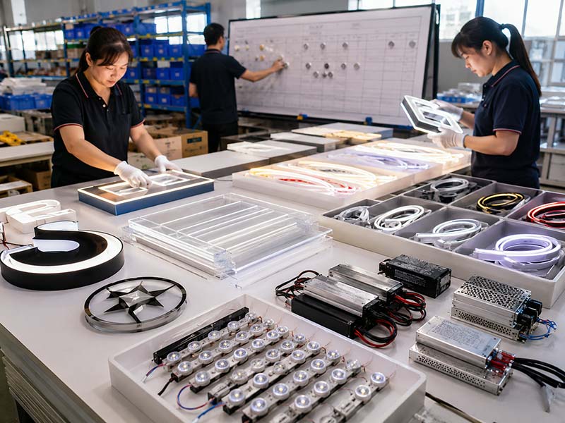 Custom LED sign sample production schedule with organized materials, LED modules, acrylic panels, and neon tube samples