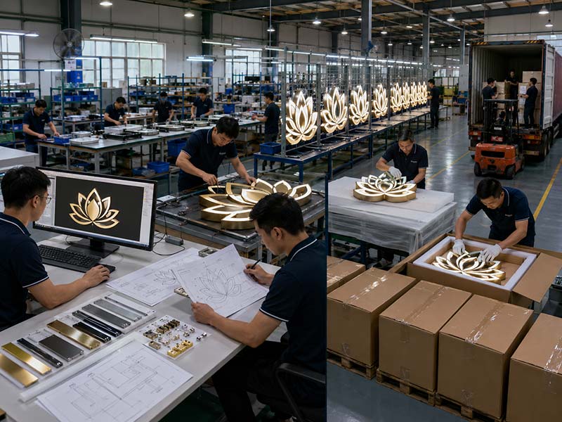 Custom LED sign export process from artwork review and sample production to testing, packing, and international shipping