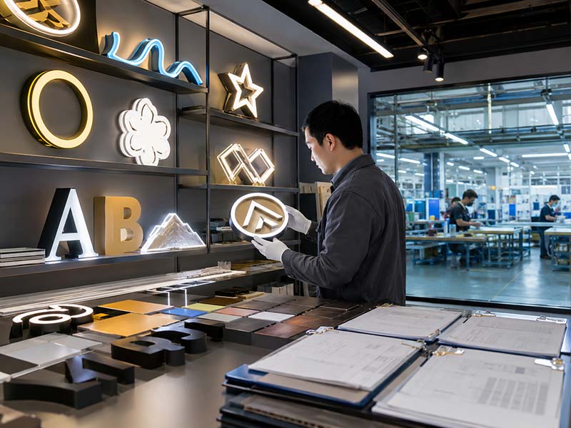 Custom LED sign sample room with neon signs channel letters and acrylic logo prototypes