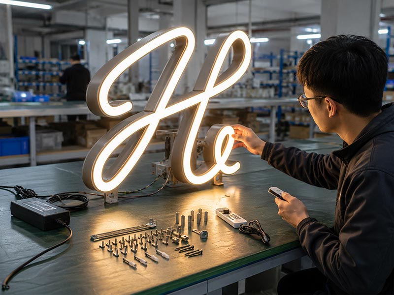Iduoduo technician testing a custom LED sign sample with lighting, wiring, mounting accessories, and remote control
