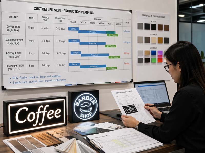 Custom LED sign MOQ sample time and production schedule planning in China factory
