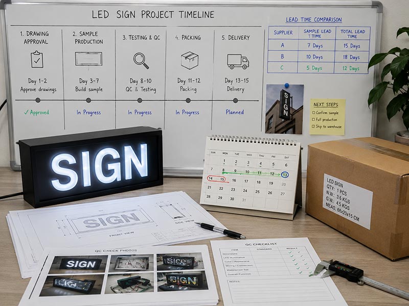 LED sign sampling and lead time planning with production drawings, sample sign, QC checklist, packing carton, calendar, and delivery timeline