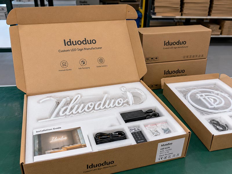Iduoduo LED sign export packaging with foam protection, accessory kits, adapters, and reinforced cartons