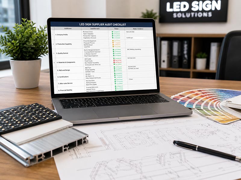 Office workspace showing an LED sign supplier audit with a computer screen, design files, and sample LED signs being reviewed