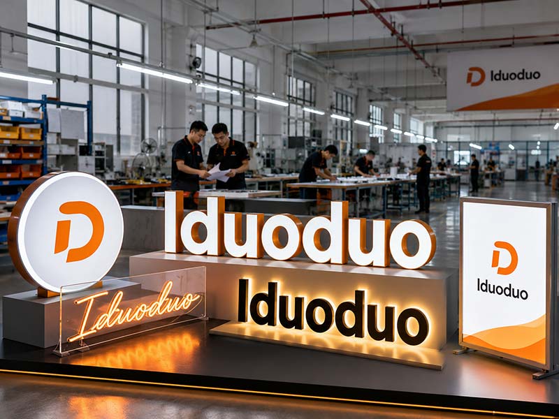 Custom LED signs and channel letters displayed inside Iduoduo LED sign factory in China
