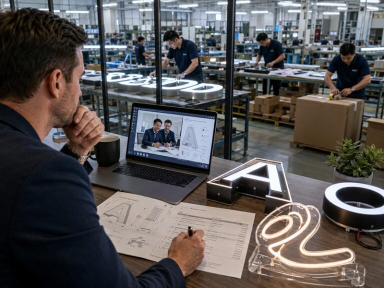 Buyer comparing LED sign factory and trading company options with custom sign drawings, quotation sheets, illuminated samples, and factory production in the background