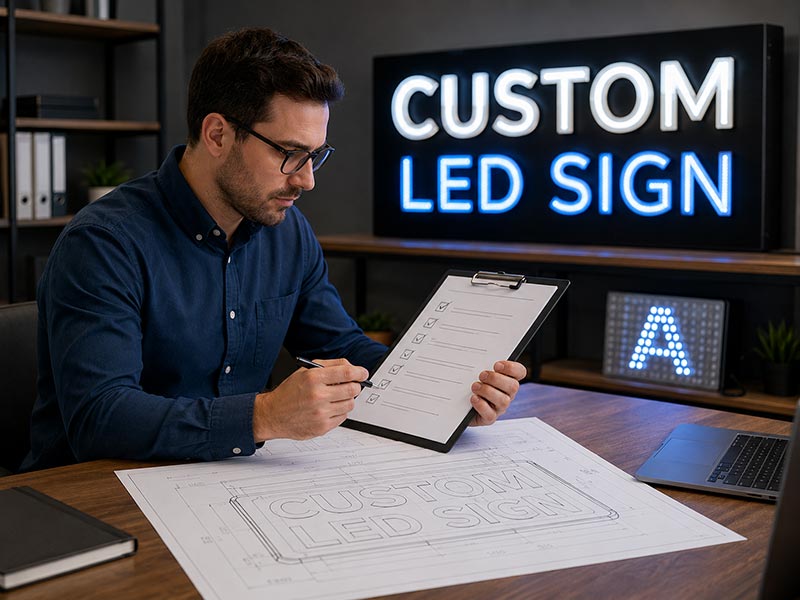 Infographic-style overview of the LED sign supplier audit process showing workflow from drawing, sample, QC, to packing and export