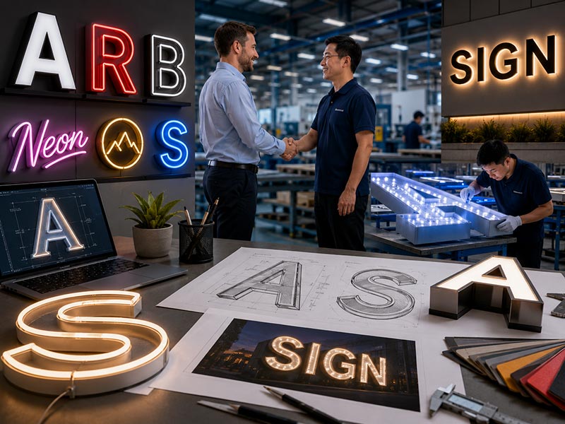 Custom LED sign supplier workflow with neon signs, channel letters, design drawings, factory production, and long-term project cooperation