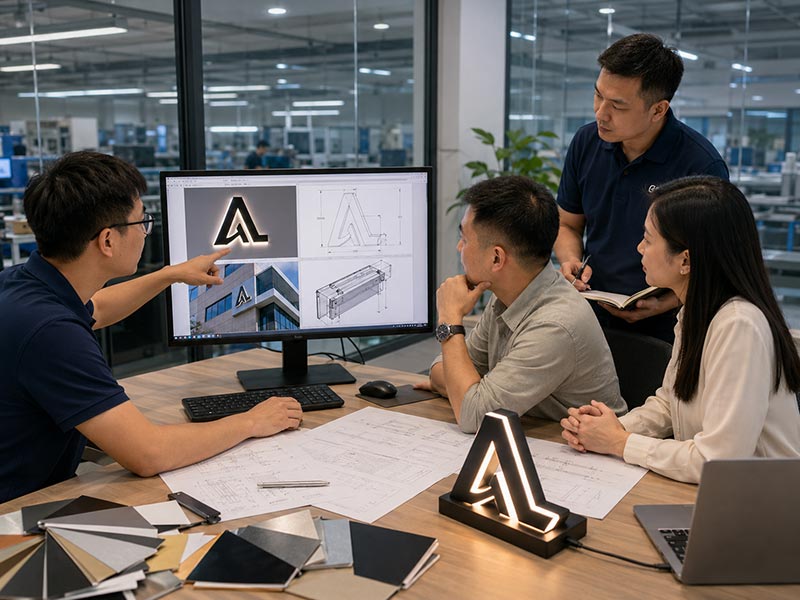 Iduoduo team reviewing custom LED sign drawings, logo files, installation details, and material samples before production