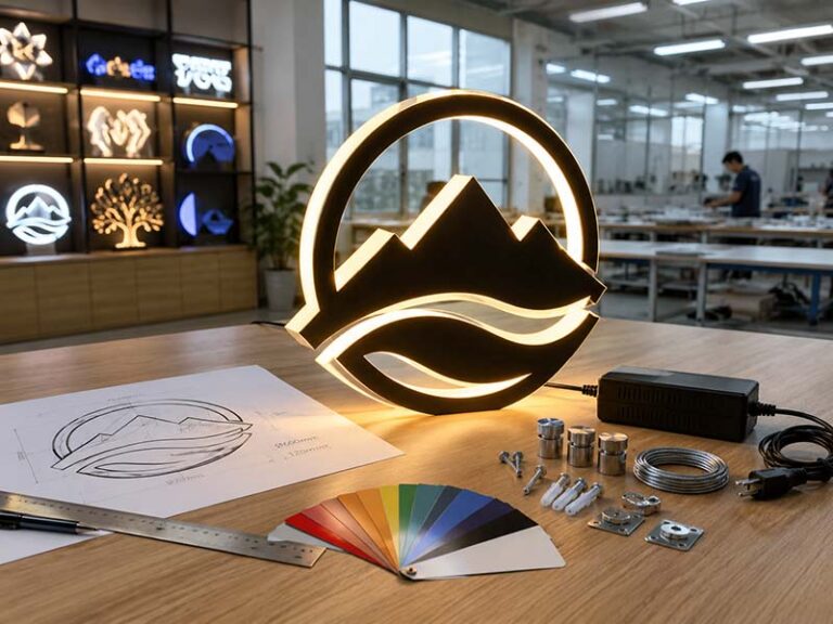 Iduoduo custom LED sign supplier reviewing an illuminated logo sign with drawings, color samples, mounting accessories, and power supply in a factory studio