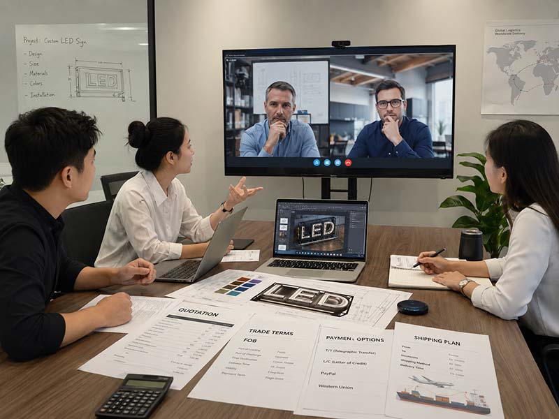 China LED sign exporter discussing trade terms payment options and shipping plans with overseas clients