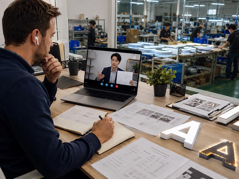 Overseas buyer discussing LED sign sourcing with a trading company while factory production is visible in the background
