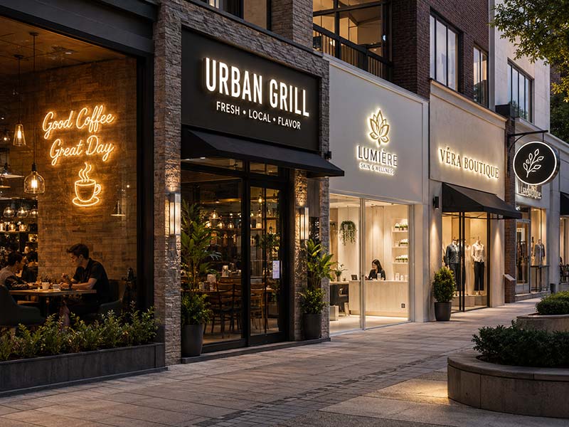 Illuminated LED signs used across cafes, restaurants, clinics, boutiques, and street storefronts in a modern commercial district.