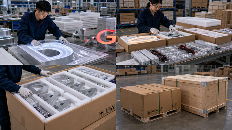 Export packaging for custom LED signs with foam cartons accessories and shipping support