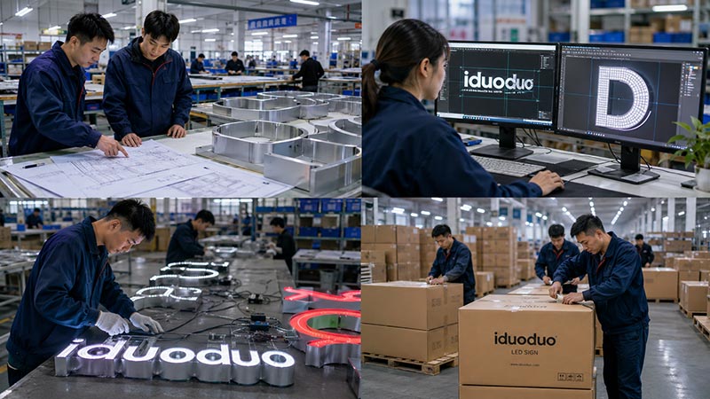 Iduoduo LED sign factory with production lines engineers and quality inspection team