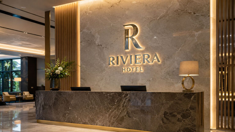 Halo-lit stainless steel logo sign for hotel lobby branding
