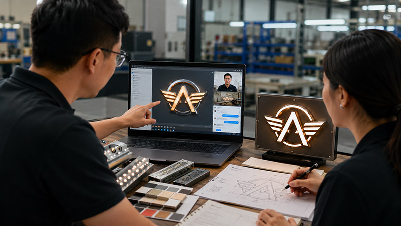 Custom LED sign inquiry process with logo review material samples and factory communication