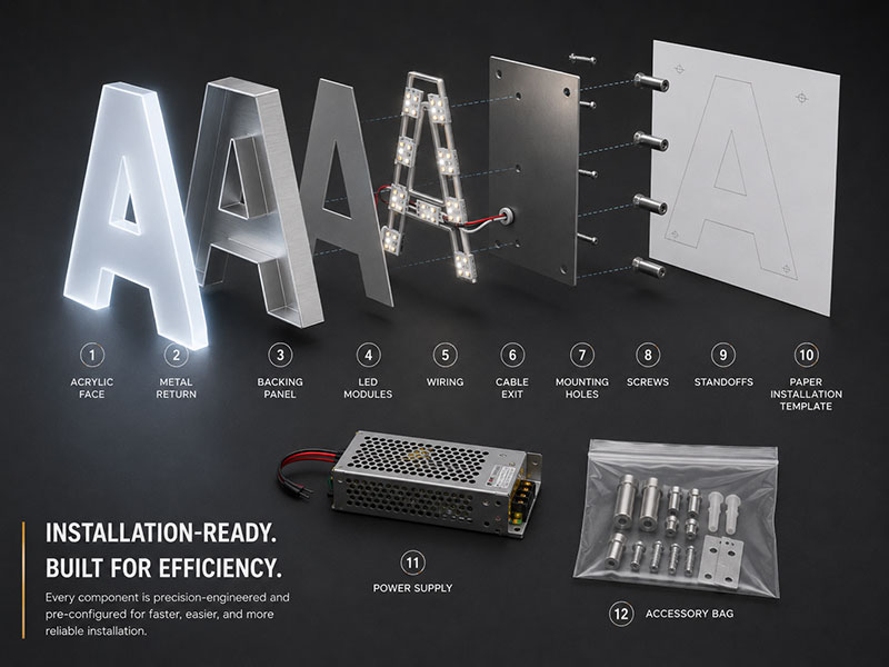 Installation-ready LED channel letters with mounting hardware wiring and paper template