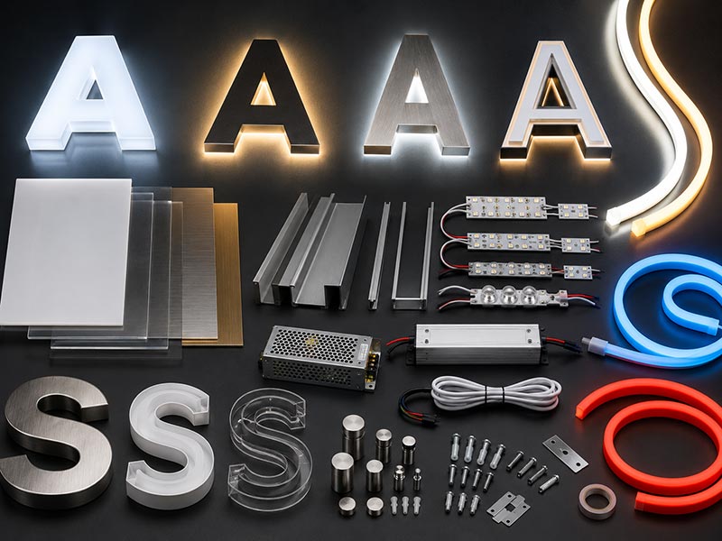LED sign materials and lighting options including acrylic metal neon tubes and LED modules