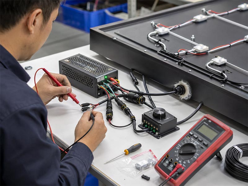 Technician checking LED sign power supply, wiring, connectors, and waterproof cable outlet before production approval