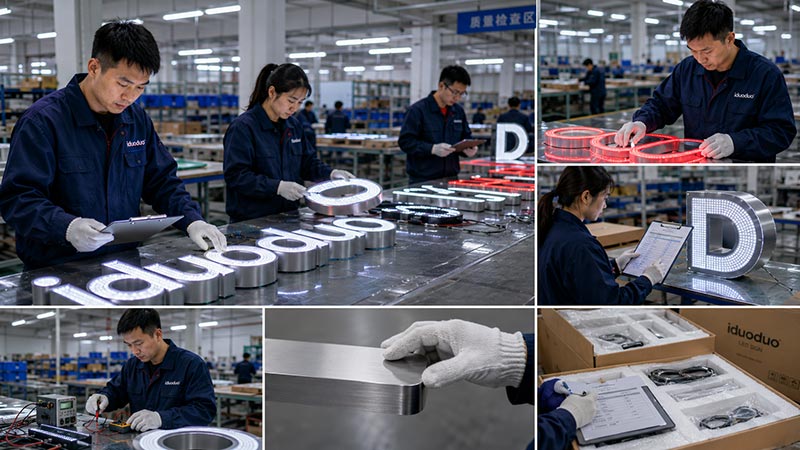 LED sign quality control with lighting wiring surface and packing inspection