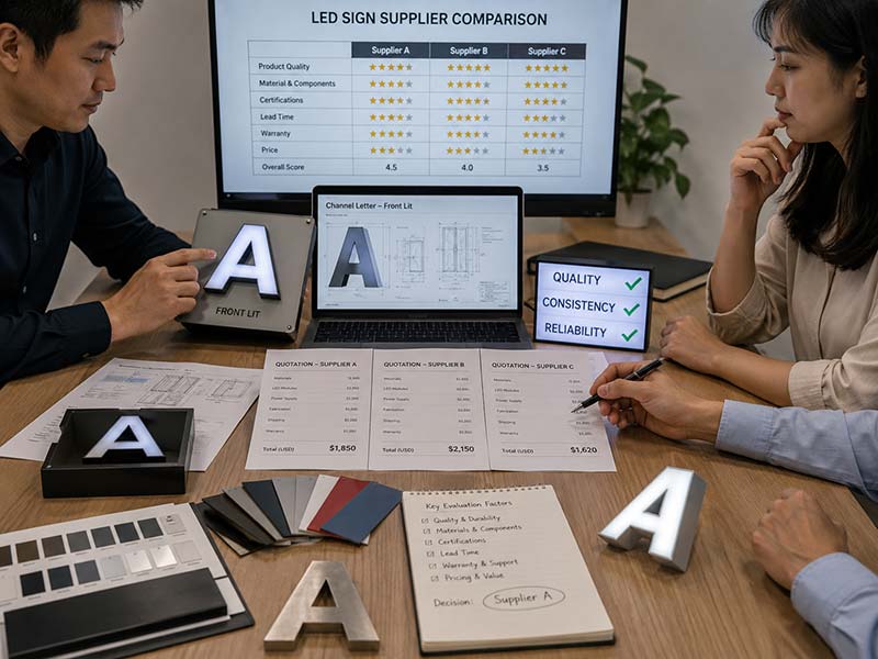 LED sign supplier comparison with samples, quotes, and material checks