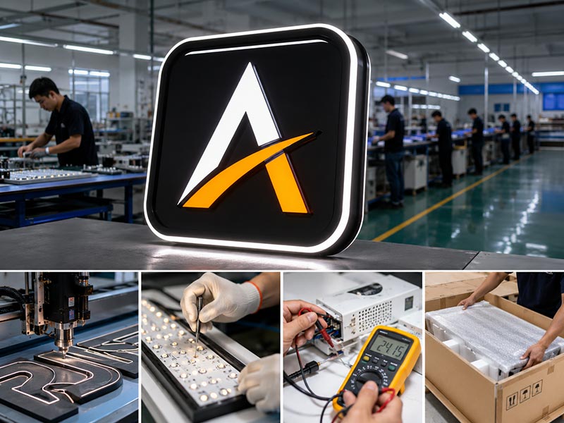 Professional LED sign supplier verification process showing factory production, quality inspection, electrical testing, and export packing