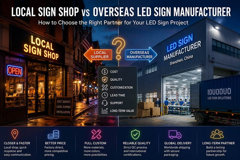 Comparison of a local sign shop and an overseas LED sign manufacturer for custom LED sign projects
