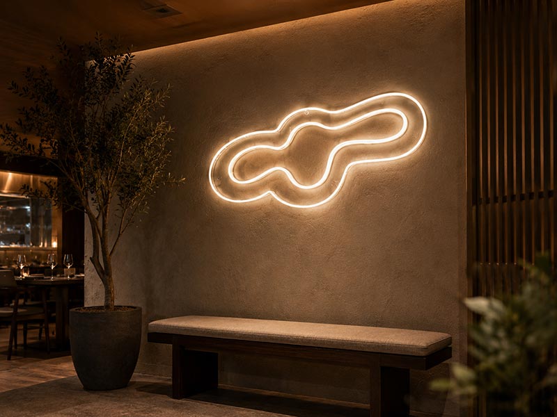 Warm white custom LED neon logo sign for Los Angeles restaurant wall