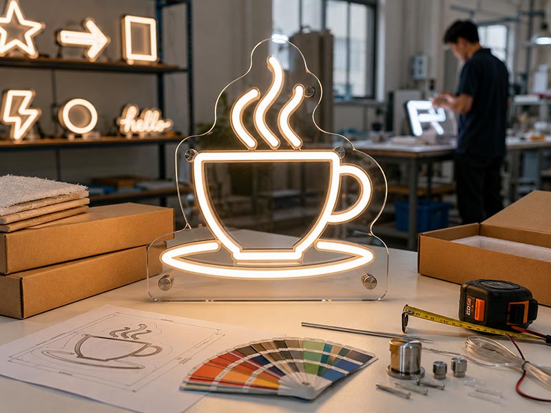 Custom LED neon sign sample on a factory worktable with design drawing, color swatches, measuring tape, installation accessories, and export packaging materials