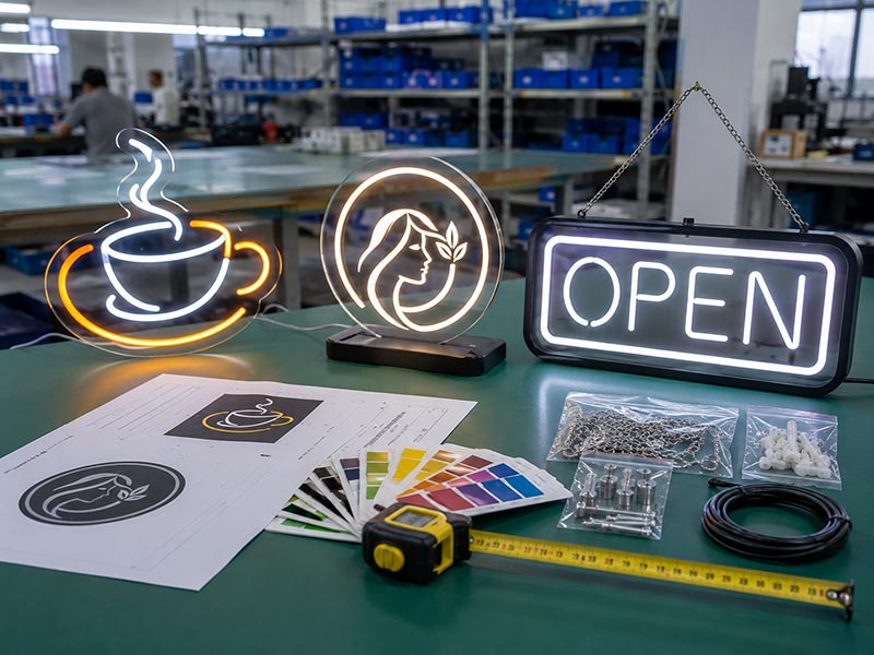 Small batch custom LED sign samples on a factory worktable with design drawings, color swatches, measuring tape, and installation accessories