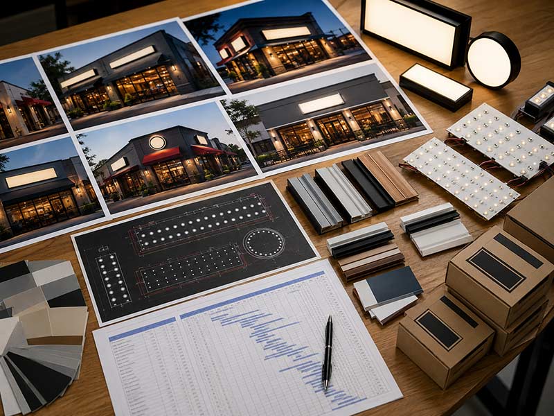 Multi-store restaurant LED signage planning with storefront photos samples and production files