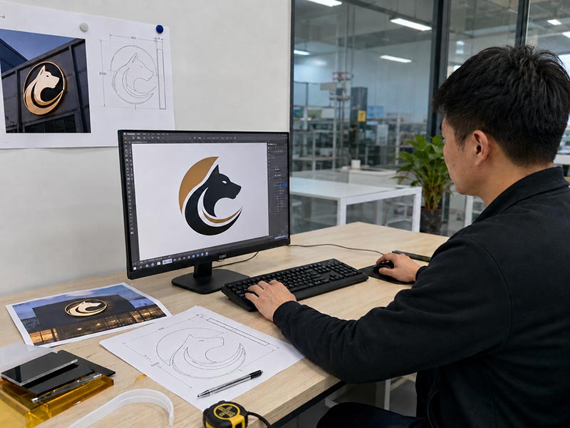 Iduoduo engineer reviewing logo files, wall photos, and drawings for ODM LED sign development