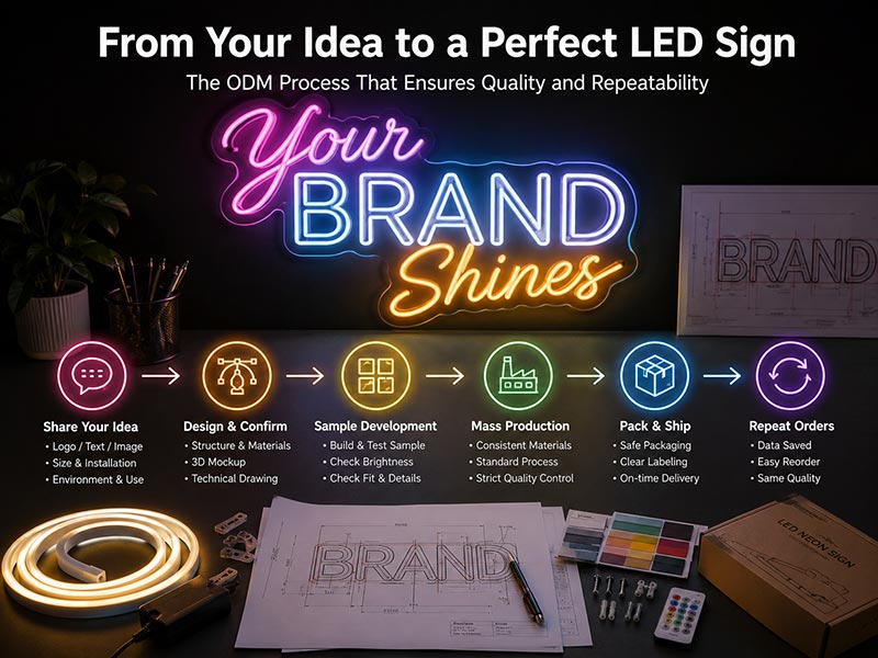 ODM LED sign product development process showing custom logo design, sample testing, production planning, packaging, and repeat order support by Iduoduo.