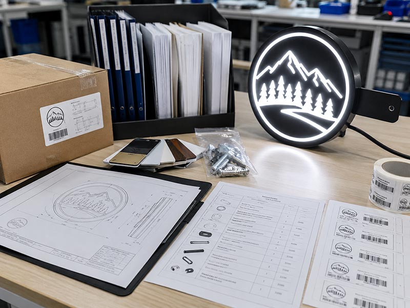 Organized ODM LED sign production records with drawings, BOM sheet, color samples, packaging labels, accessories, and tested sign sample