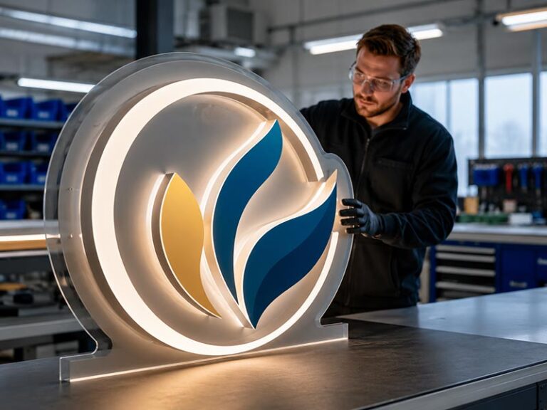 OEM LED sign manufacturer inspecting a custom illuminated acrylic logo sign in a professional LED sign factory workshop