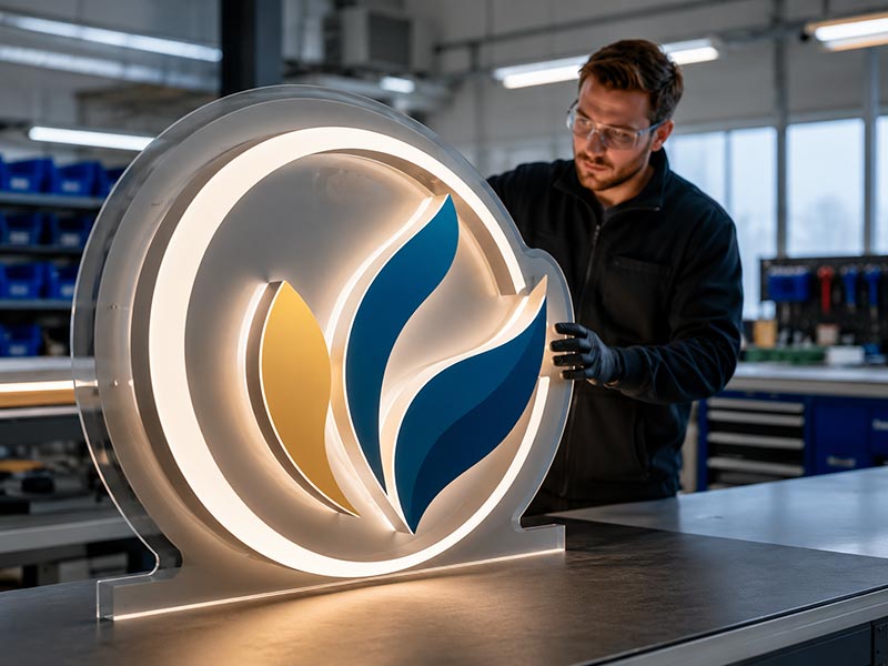 OEM LED sign manufacturer inspecting a custom illuminated acrylic logo sign in a professional LED sign factory workshop