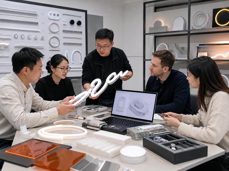 OEM ODM LED sign product development meeting with engineers reviewing prototypes, materials, packaging, and lighting components