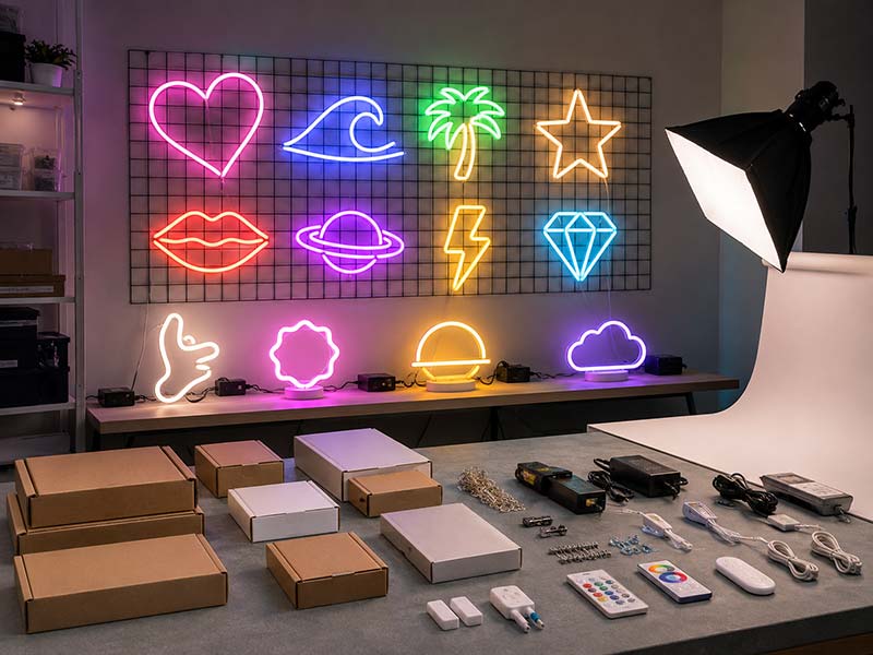 Custom LED neon sign samples and packaging for an online neon sign store testing new products