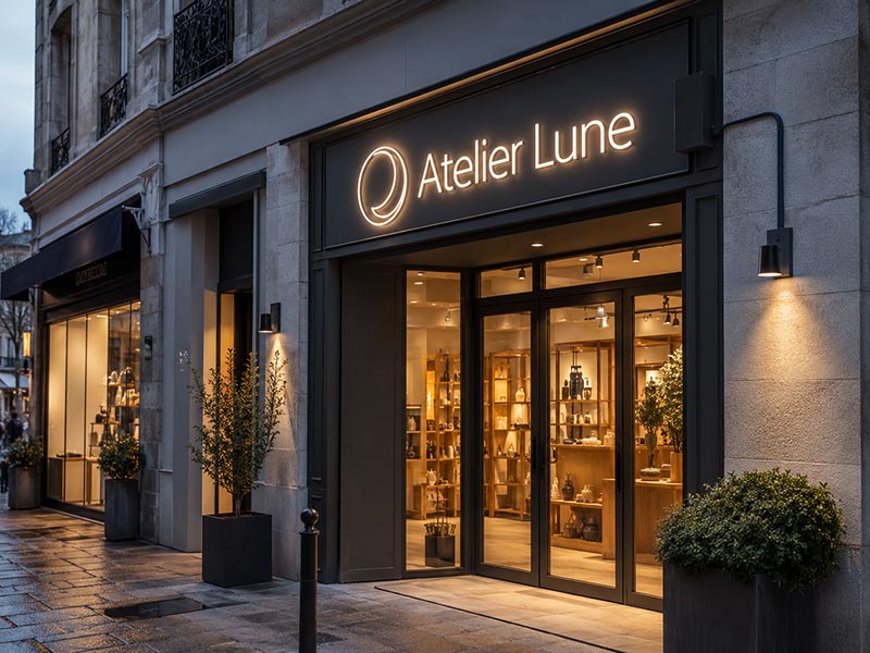 Outdoor custom LED neon style sign for a European storefront