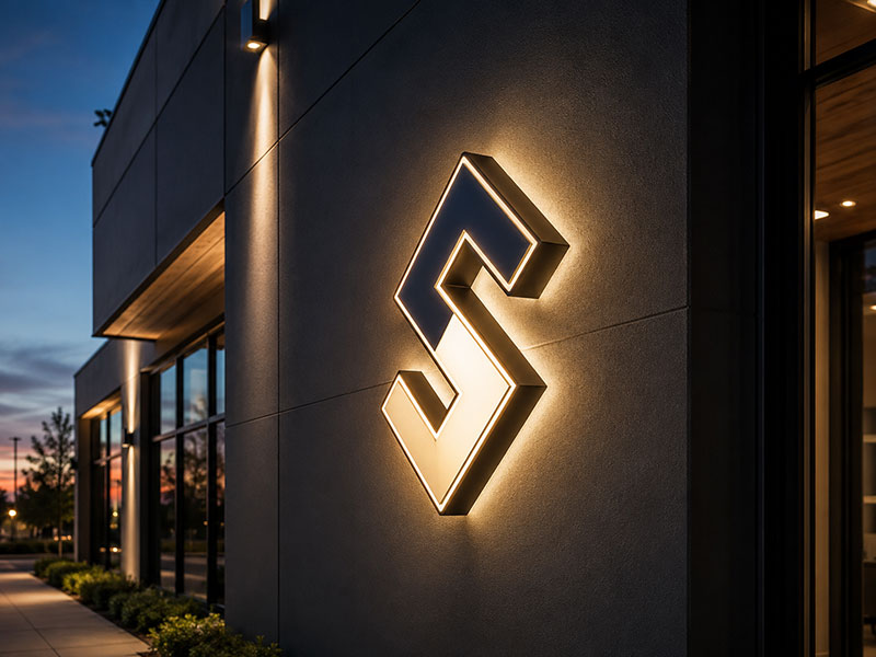 Outdoor LED logo signs for commercial building facades